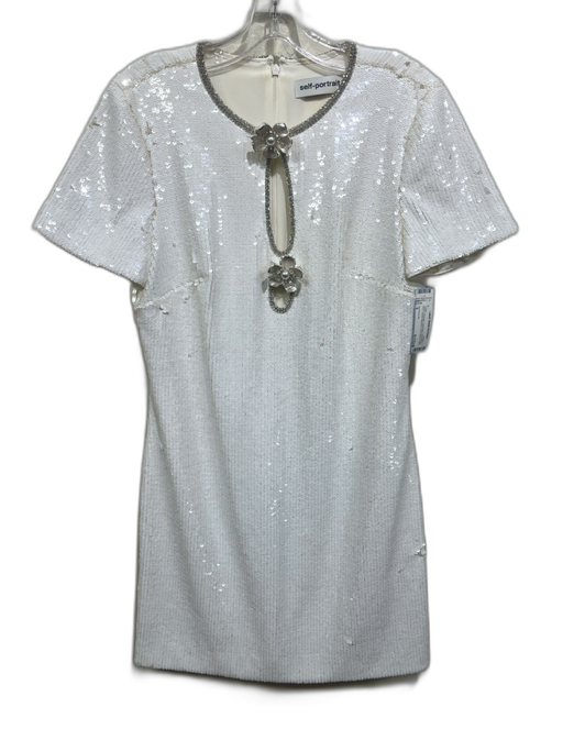 Self-Portrait Size 6 White Polyester Sequined Rhinestone Trim short sleeve Dress White / 6