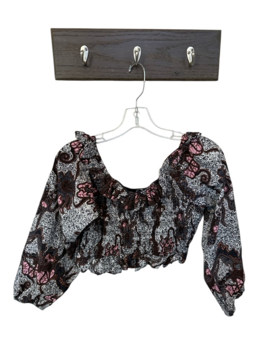 Cleobella Size M Brown, white & pink Cotton Abstract Cropped Smocked Top Brown, white & pink / M