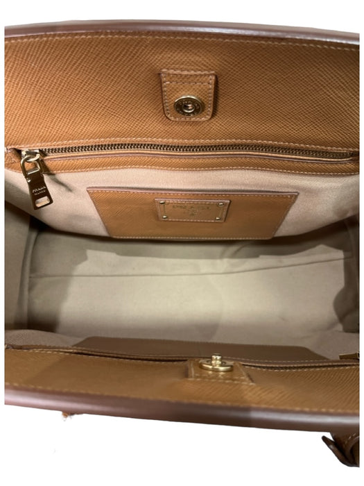 Prada Brown & Tan Leather & Canvas Solid Button clasp Studs hand bag Bag Brown & Tan