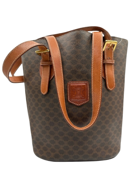 Celine Brown Coated Canvas Leather trim Open Top Bucket Shoulder Bag Brown