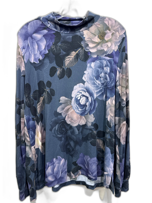 Johnny Was Size Medium Blue & Black Rayon Blend Mock Turtleneck Floral Print Top Blue & Black / Medium
