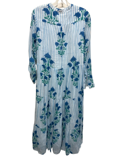Oliphant Size M Blue, White & Green Cotton Floral Striped Long Sleeve Dress Blue, White & Green / M
