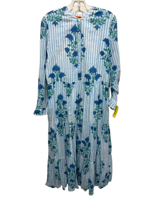 Oliphant Size M Blue, White & Green Cotton Floral Striped Long Sleeve Dress Blue, White & Green / M
