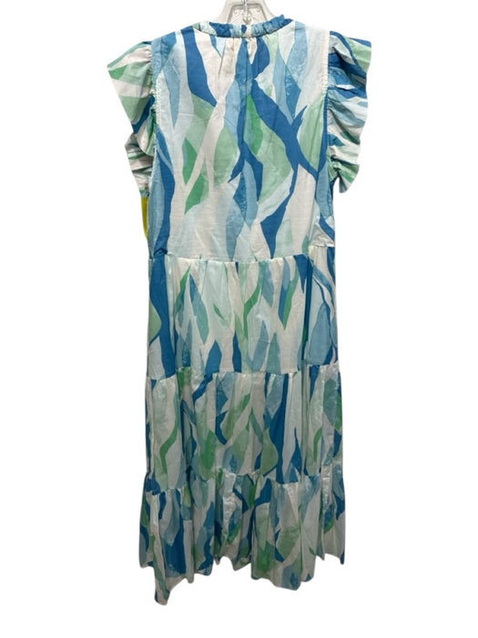 Elan Size L Green, Blue & White Cotton Abstract Print Sleeveless Tiered Dress Green, Blue & White / L