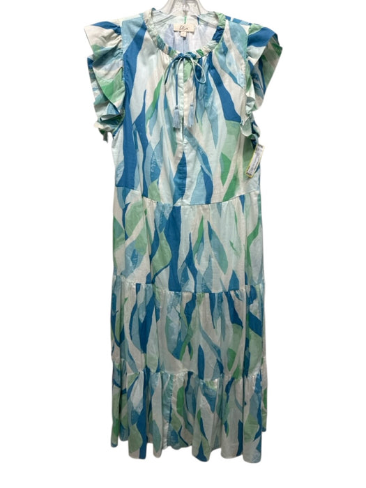 Elan Size L Green, Blue & White Cotton Abstract Print Sleeveless Tiered Dress Green, Blue & White / L