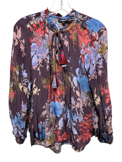 Tolani Size M Purple & Multi Cupro Floral Long Sleeve Tassel V Neck Top Purple & Multi / M