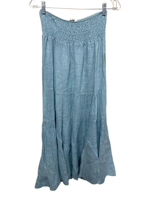 100% Lino Size Est S Light Blue Linen Button Up Short Puff Sleeve Maxi Skirt Set Light Blue / Est S
