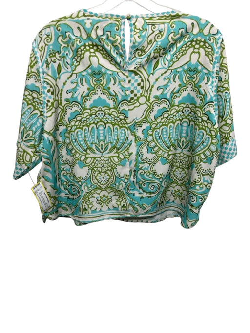 Elizabeth James the Label Size L Cream, Green & Blue Print Polyester Ikat Top Cream, Green & Blue Print / L