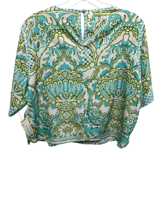 Elizabeth James the Label Size L Cream, Green & Blue Print Polyester Ikat Top Cream, Green & Blue Print / L