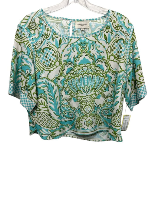 Elizabeth James the Label Size L Cream, Green & Blue Print Polyester Ikat Top Cream, Green & Blue Print / L