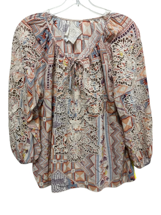 Johnny Was Jade Size S Cream & Multi Silk Open Lace Long Balloon Sleeve Top Cream & Multi / S