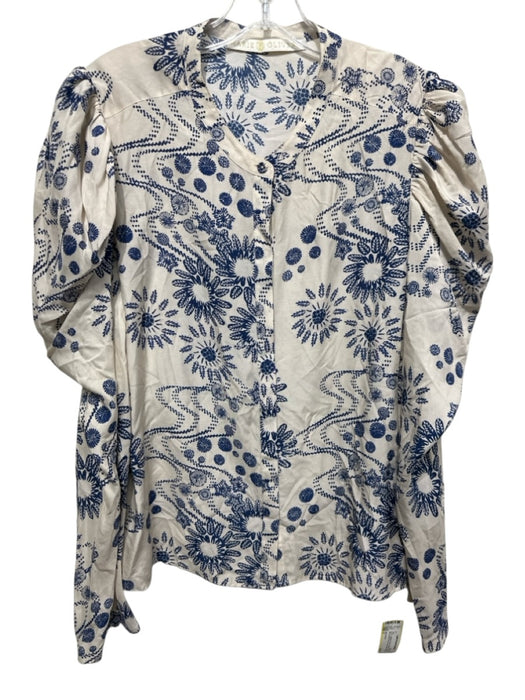 Marie Oliver Size 1 Cream & Blue Rayon & Silk Abstract Floral Long Sleeve Top Cream & Blue / 1