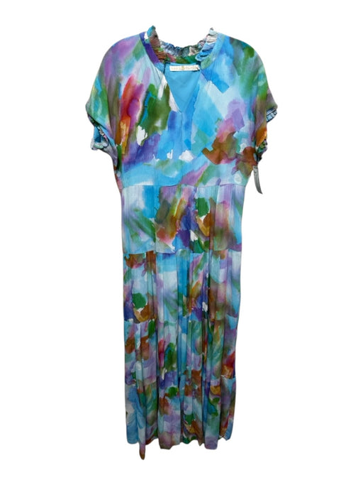 Marie Oliver Size S Blue & Multi Rayon & Silk Watercolor Print V Neck Dress Blue & Multi / S