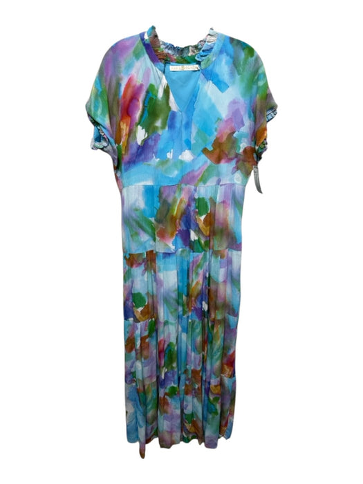 Marie Oliver Size S Blue & Multi Rayon & Silk Watercolor Print V Neck Dress Blue & Multi / S