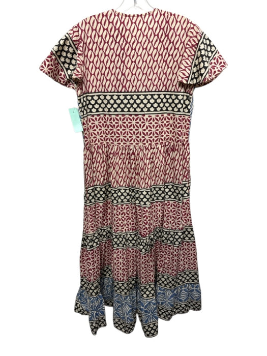 Oliphant Size M Beige, Blue, & Multi Cotton Abstract Print V Neck Tiered Dress Beige, Blue, & Multi / M