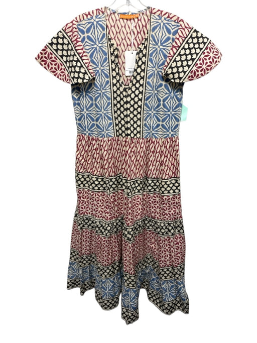 Oliphant Size M Beige, Blue, & Multi Cotton Abstract Print V Neck Tiered Dress Beige, Blue, & Multi / M