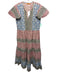 Oliphant Size M Beige, Blue, & Multi Cotton Abstract Print V Neck Tiered Dress Beige, Blue, & Multi / M