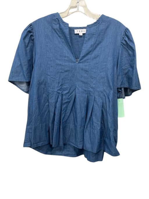 THML Size S Medium dark wash Cotton Chambray Short Sleeve V Neck Top Medium dark wash / S