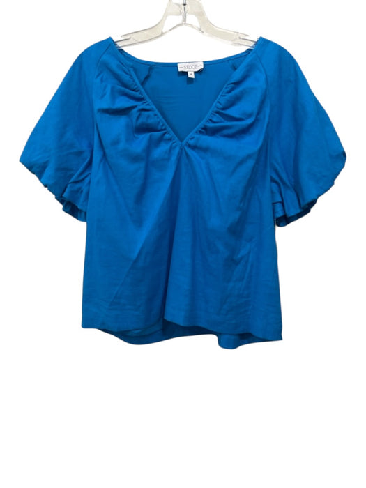 S'edge Size M Blue Linen Blend Short Puff Sleeve V Neck Gathered Detail Top Blue / M