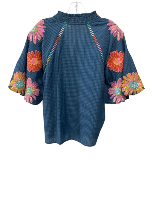 THML Size L Slate BLue & Multi Tencel Blend Floral Embroidered Textured Grid Top Slate BLue & Multi / L