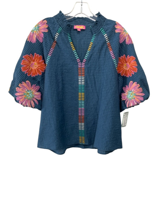 THML Size L Slate BLue & Multi Tencel Blend Floral Embroidered Textured Grid Top Slate BLue & Multi / L