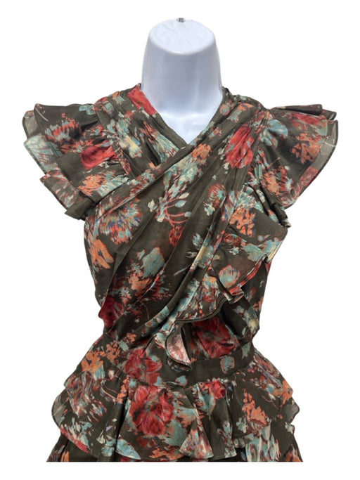Ulla Johnson Size 0 Olive & Multi Silk & Cotton Abstract Floral Ruffle Dress Olive & Multi / 0