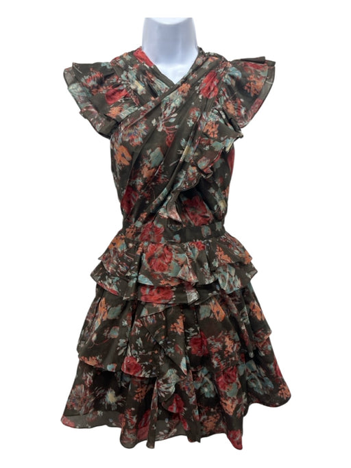 Ulla Johnson Size 0 Olive & Multi Silk & Cotton Abstract Floral Ruffle Dress Olive & Multi / 0