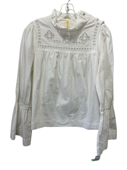 Free People Size XS White Cotton Embroidered Long Bell Sleeve Mock Neck Top White / XS