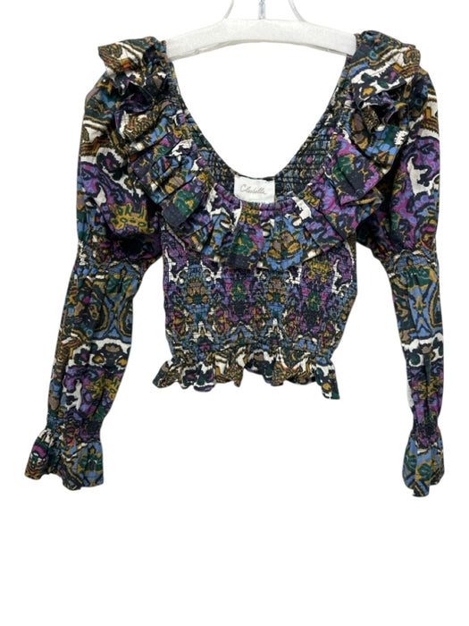 Cleobella Size XS Purple & Multi Cotton Smocked Bodice Ruffles Long Sleeve Top Purple & Multi / XS