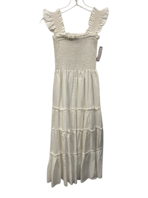 Kourt Size XS White Cotton Smocked Bodice Sleeveless Clip Dot Midi Dress White / XS