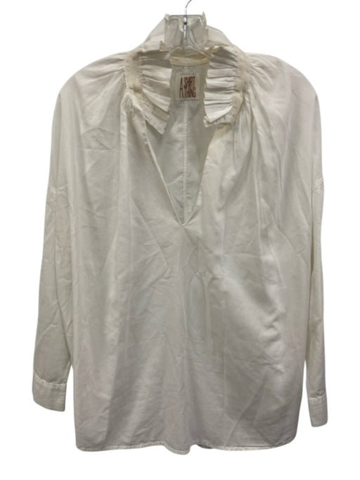 A Shirt Thing Size S White Cotton Long Sleeve Ruffle Neckline Top White / S