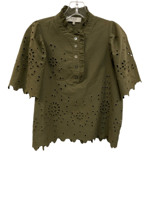 Sea New York Size XS Green Cotton Ruffle Collar Eyelet Embroidery Top Green / XS
