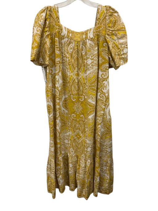Cara Cara Size XS Gold & White Linen Square Neck Short Sleeve Paisley Midi Dress Gold & White / XS