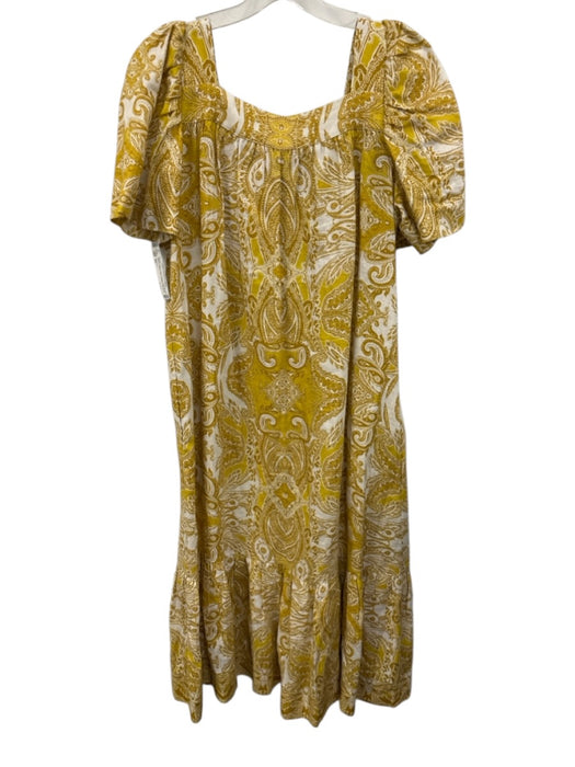 Cara Cara Size XS Gold & White Linen Square Neck Short Sleeve Paisley Midi Dress Gold & White / XS