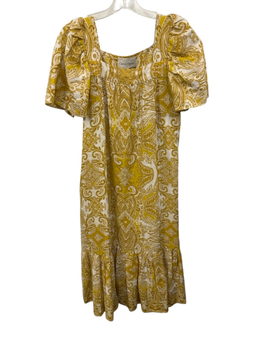 Cara Cara Size XS Gold & White Linen Square Neck Short Sleeve Paisley Midi Dress Gold & White / XS