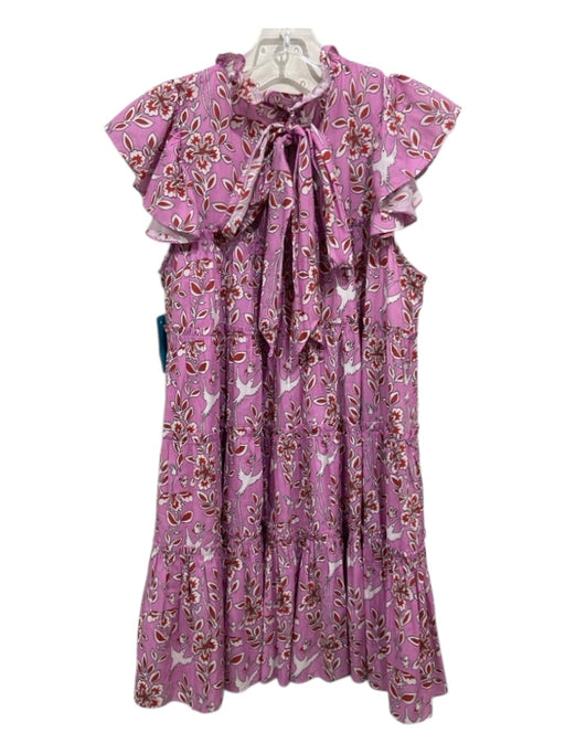 Rhode Size M Pink, Red, White Cotton Ruffle Cap Sleeve Floral & Birds Dress Pink, Red, White / M