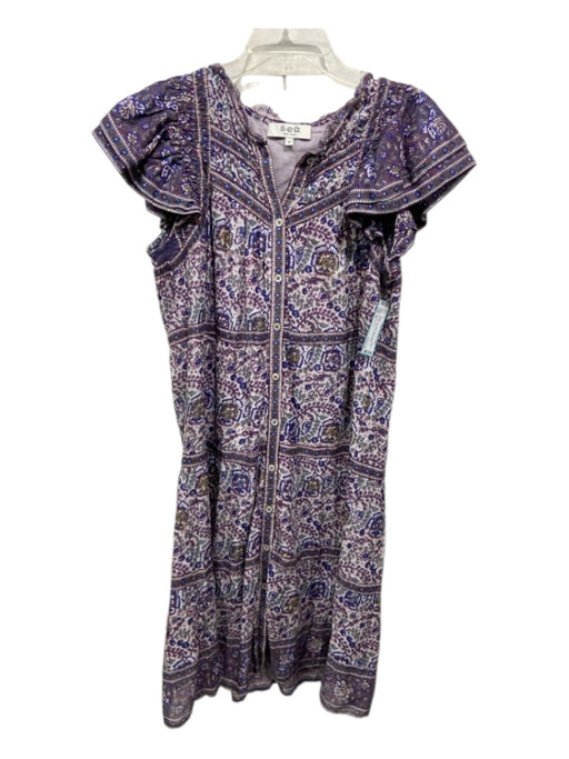 Sea New York Size M Purple, Blue, Multi Cotton Ruffle Cap Sleeve Midi Dress Purple, Blue, Multi / M