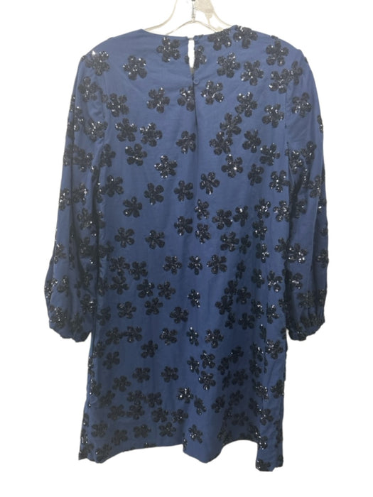 Ann Mashburn Size S Navy Blue Cotton Sequin Flowers Long Puff Sleeve Shift Dress Navy Blue / S
