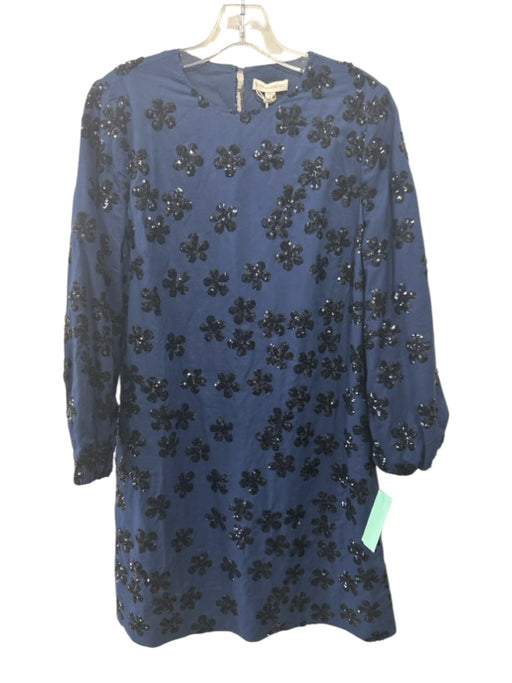 Ann Mashburn Size S Navy Blue Cotton Sequin Flowers Long Puff Sleeve Shift Dress Navy Blue / S