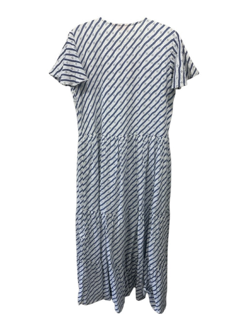 Oliphant Size M White & Blue Cotton Striped dots Short Sleeve V Neck Dress White & Blue / M