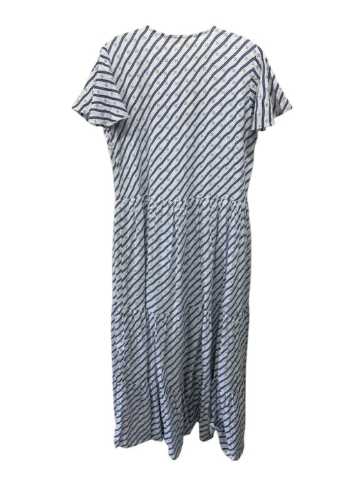 Oliphant Size M White & Blue Cotton Striped dots Short Sleeve V Neck Dress White & Blue / M