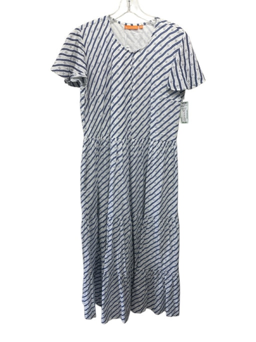 Oliphant Size M White & Blue Cotton Striped dots Short Sleeve V Neck Dress White & Blue / M