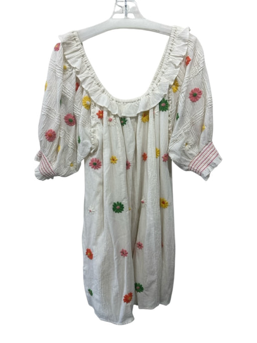 Cleobella Size L Cream White & Multi Cotton Crinkle Pleat Ruffle Neckline Dress Cream White & Multi / L