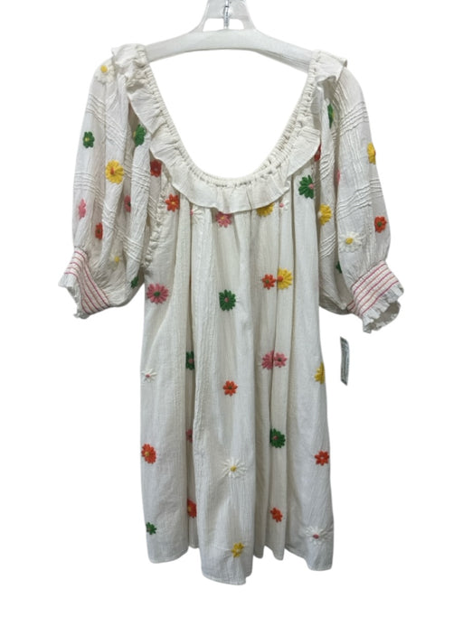 Cleobella Size L Cream White & Multi Cotton Crinkle Pleat Ruffle Neckline Dress Cream White & Multi / L