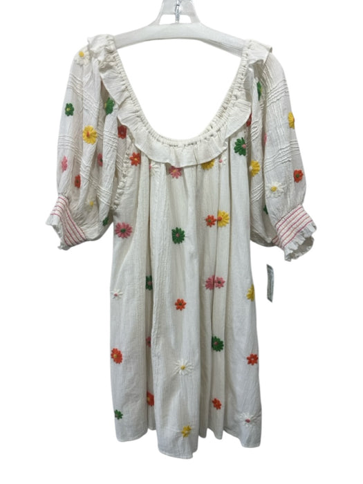 Cleobella Size L Cream White & Multi Cotton Crinkle Pleat Ruffle Neckline Dress Cream White & Multi / L