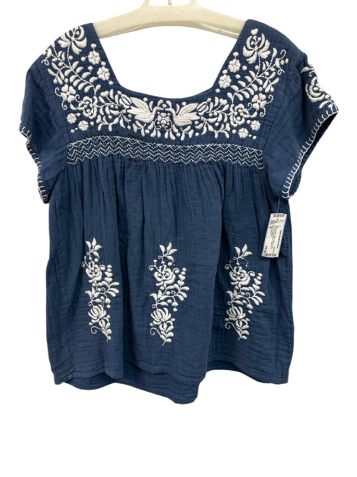 Sigrid Olsen Size M Navy & white Cotton Short Sleeve Pleated Embroidered Top Navy & white / M