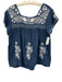 Sigrid Olsen Size M Navy & white Cotton Short Sleeve Pleated Embroidered Top Navy & white / M