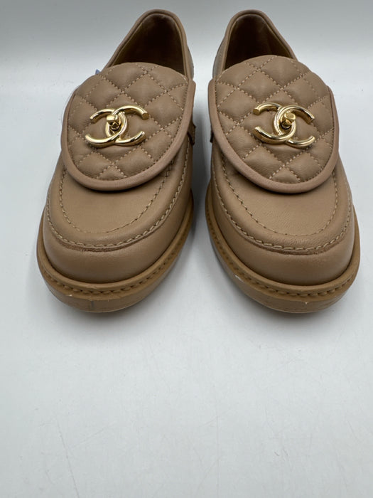 Chanel Shoe Size 37 Light Brown Leather Quilted Turn Lock Almond Toe Loafers