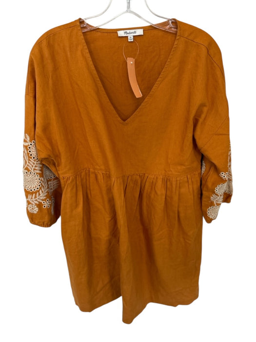 Madewell Size XS Mustard Cotton Embroidered Floral Tiered V Neck Dress Mustard / XS