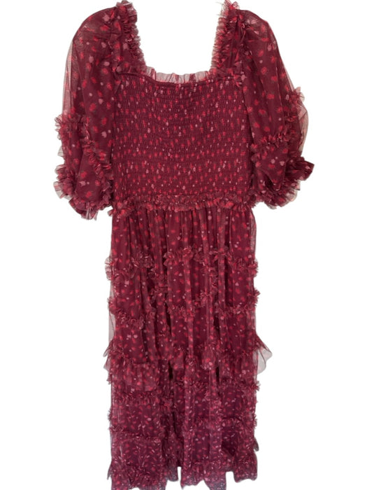 Jessakae Size XL Burgandy & Red Polyester Mesh Strawberry Maxi Puff Sleeve Gown Burgandy & Red / XL
